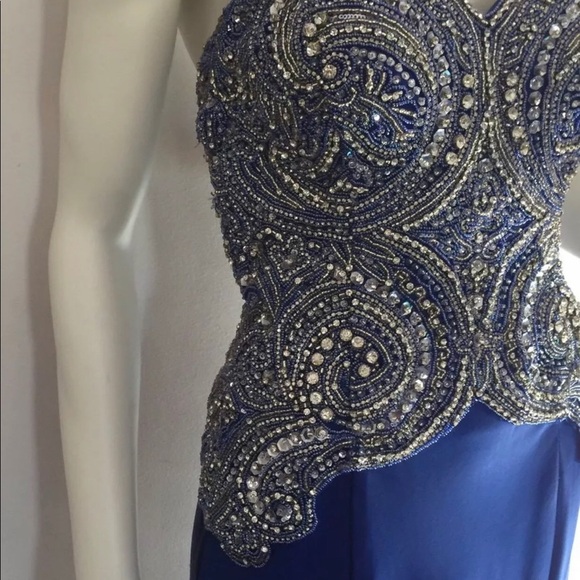 Beaded strapless Blue Silver Maxi Dress Size 44 (US 12) - Picture 4 of 9